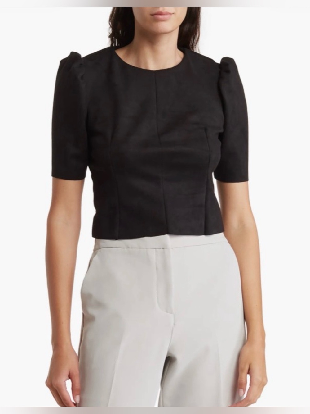 NWOT Tahari | Puff Sleeve Faux Suede Crop Top